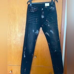 MNML Distressed Men’s (Size33) Black Streetwear, Graphic Stretch Denim Jeans